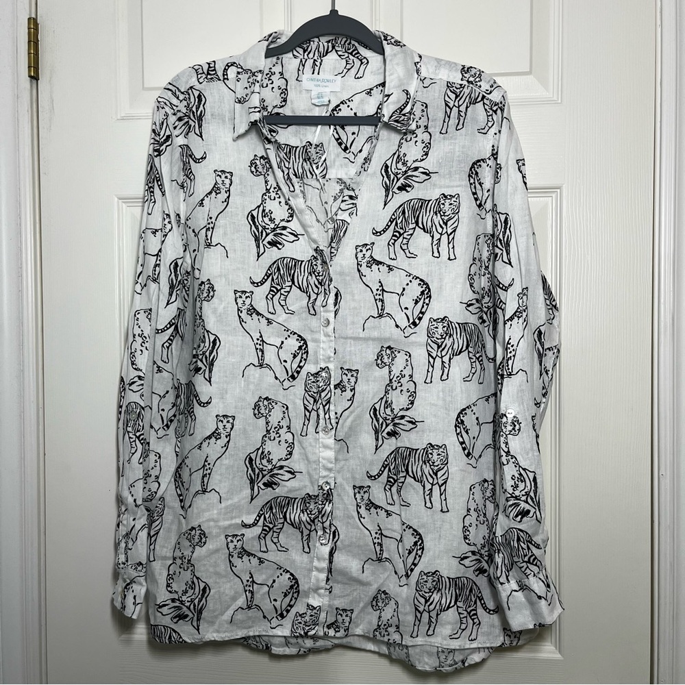 CYNTHIA ROWLEY White Animal Tiger Cat 100% Linen Print Button Down Shirt Size XL